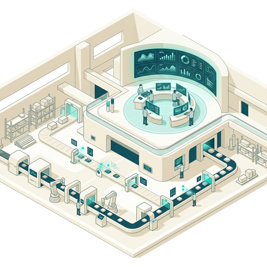 Enspekt quality operations platform — isometric view of factory floor with digital inspection checkpoints and central analytics dashboard